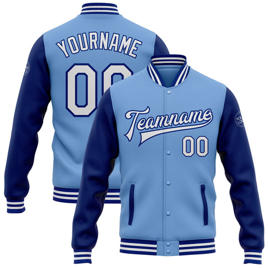 Custom Light Blue White-Royal Bomber Full-Snap Varsity Letterman Two Tone Jacket - Main View