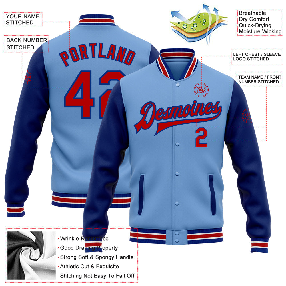 Custom Light Blue Red-Royal Bomber Full-Snap Varsity Letterman Two Tone Jacket view 5