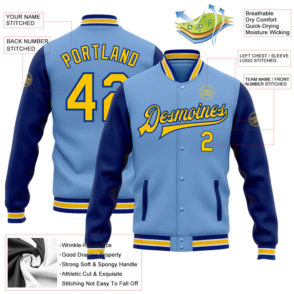 Custom Light Blue Yellow-Royal Bomber Full-Snap Varsity Letterman Two Tone Jacket view 5