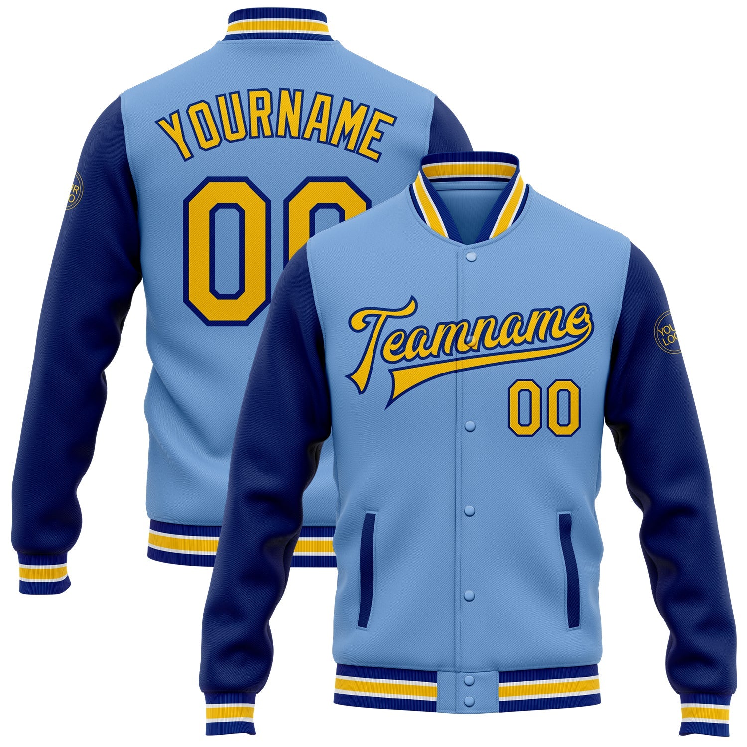 Custom Light Blue Yellow-Royal Bomber Full-Snap Varsity Letterman Two Tone Jacket - Main View