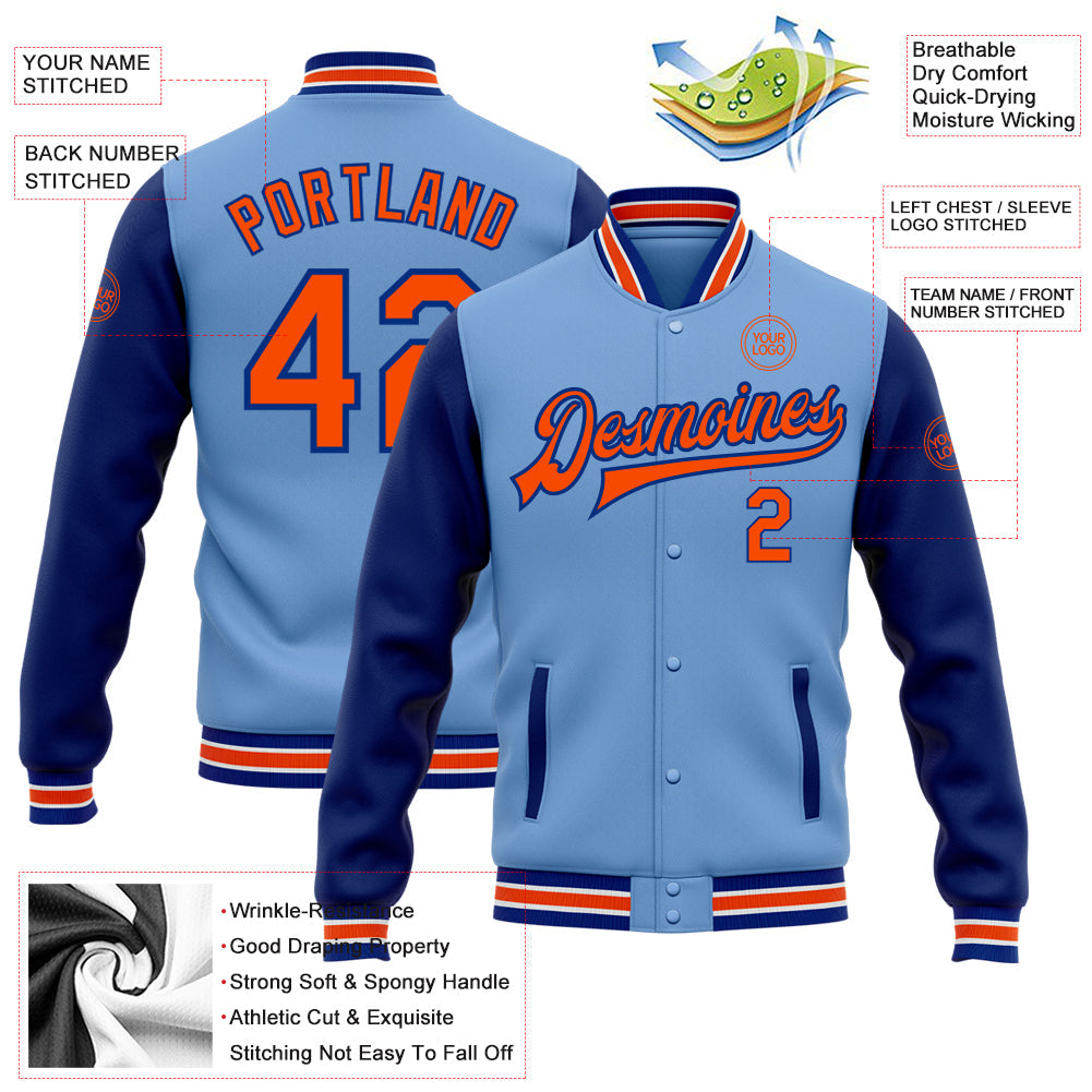 Custom Light Blue Orange-Royal Bomber Full-Snap Varsity Letterman Two Tone Jacket view 5