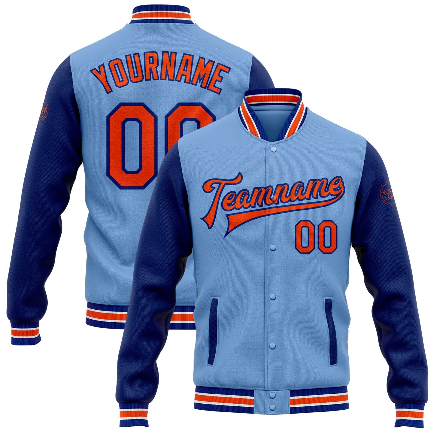 Custom Light Blue Orange-Royal Bomber Full-Snap Varsity Letterman Two Tone Jacket - Main View