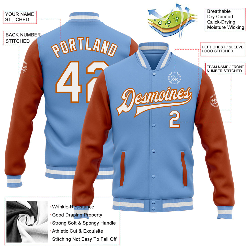 Custom Light Blue White-Texas Orange Bomber Full-Snap Varsity Letterman Two Tone Jacket view 5