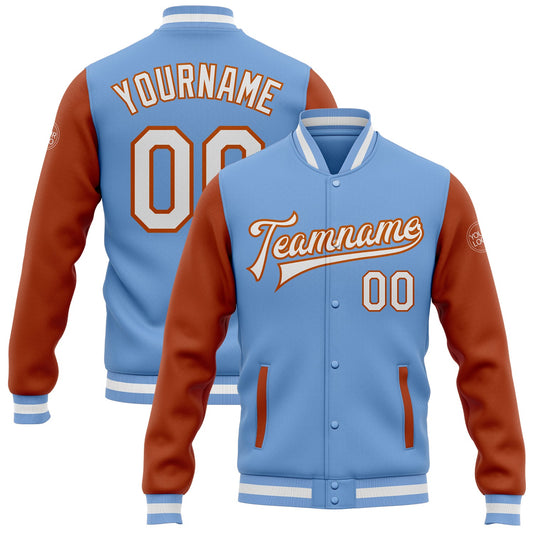 Custom Light Blue White-Texas Orange Bomber Full-Snap Varsity Letterman Two Tone Jacket - Main View