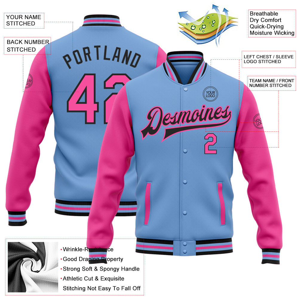Custom Light Blue Pink-Black Bomber Full-Snap Varsity Letterman Two Tone Jacket view 5
