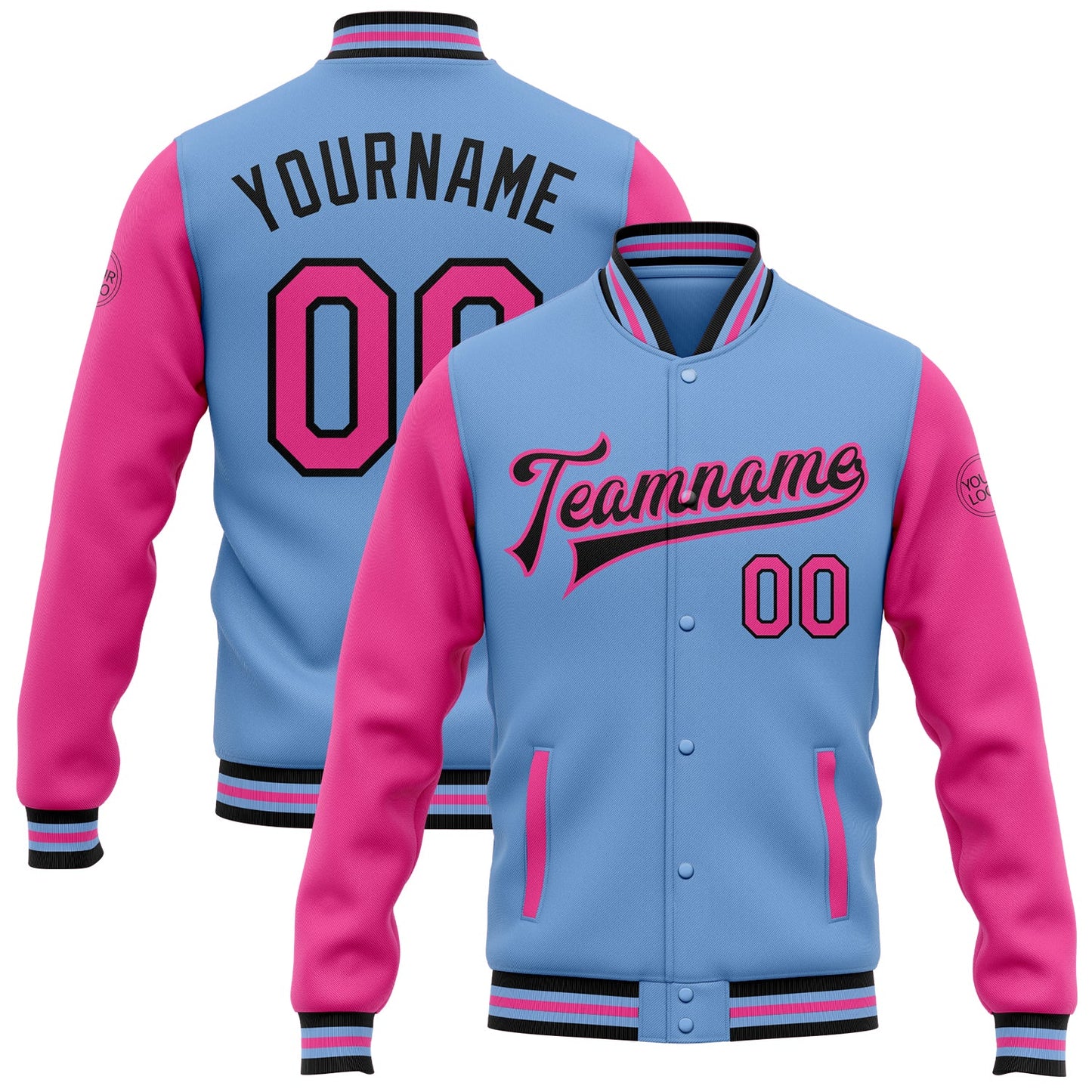 Custom Light Blue Pink-Black Bomber Full-Snap Varsity Letterman Two Tone Jacket - Main View