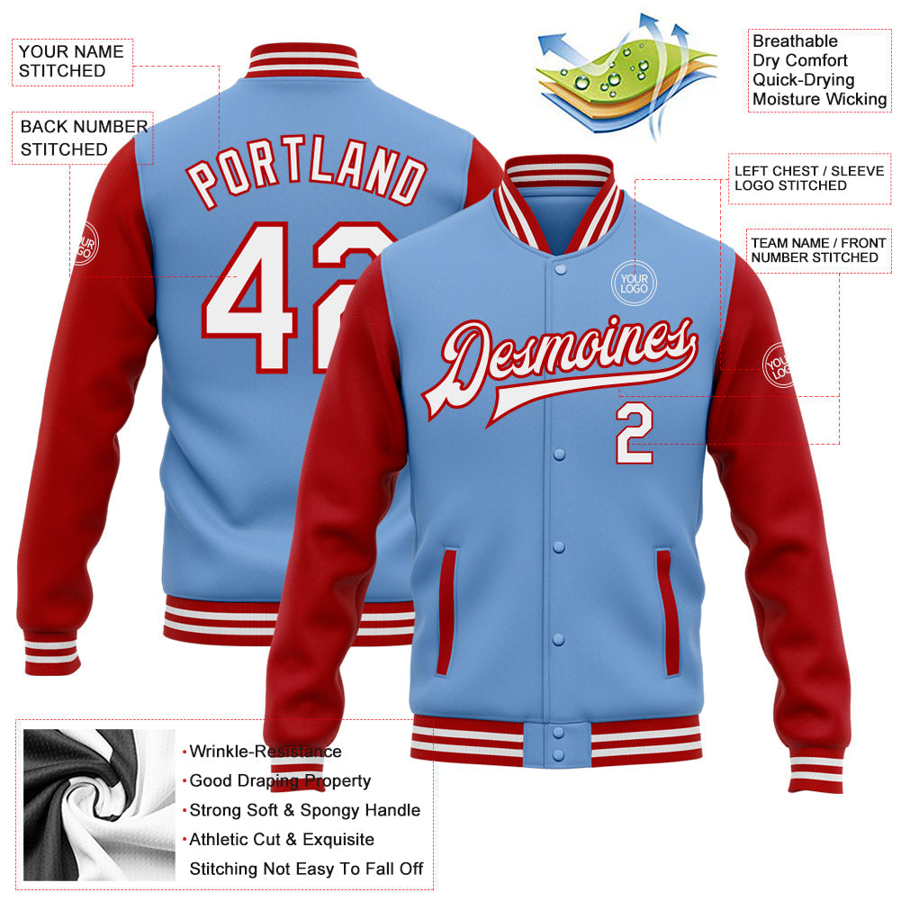 Custom Light Blue White-Red Bomber Full-Snap Varsity Letterman Two Tone Jacket view 5
