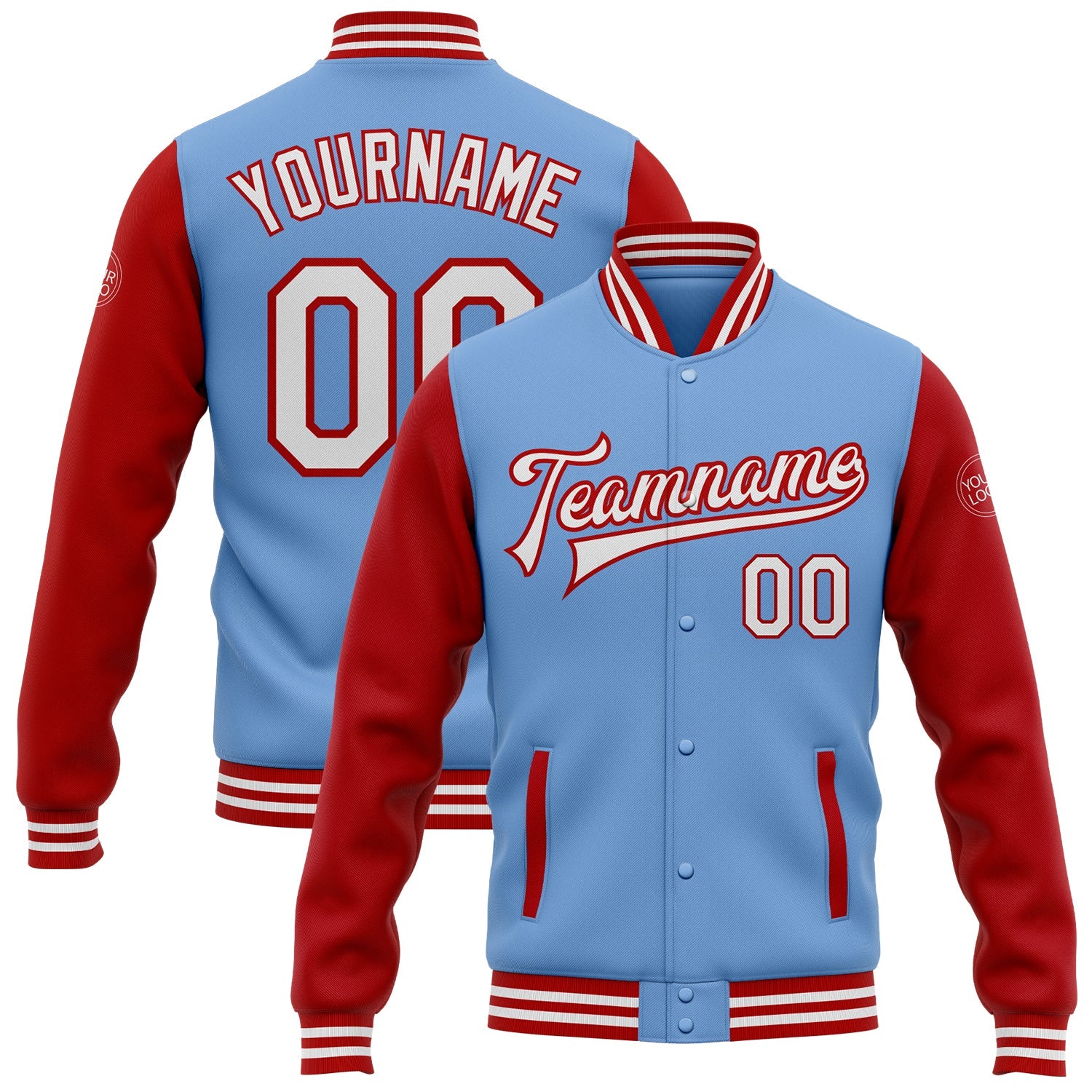 Custom Light Blue White-Red Bomber Full-Snap Varsity Letterman Two Tone Jacket - Main View
