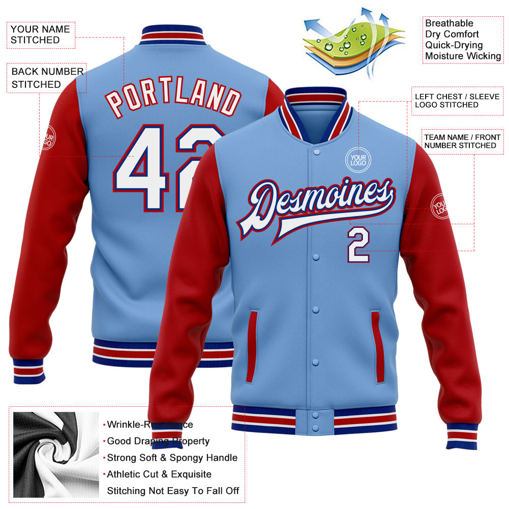 Custom Light Blue White Royal-Red Bomber Full-Snap Varsity Letterman Two Tone Jacket view 5