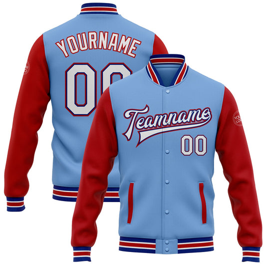 Custom Light Blue White Royal-Red Bomber Full-Snap Varsity Letterman Two Tone Jacket - Main View