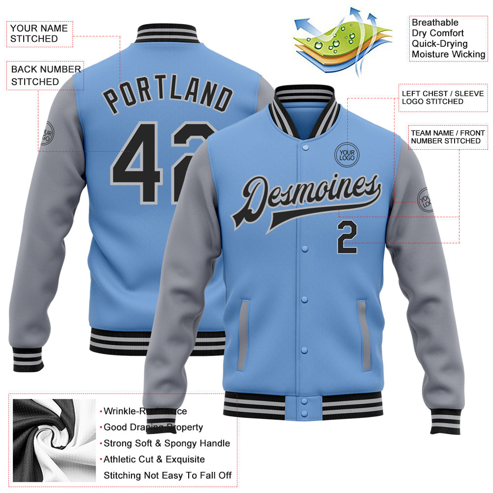 Custom Light Blue Black-Gray Bomber Full-Snap Varsity Letterman Two Tone Jacket view 5