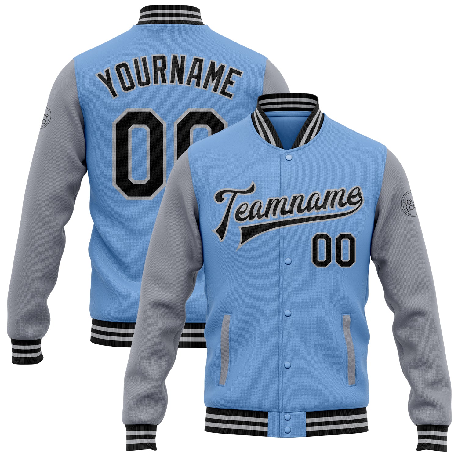 Custom Light Blue Black-Gray Bomber Full-Snap Varsity Letterman Two Tone Jacket - Main View