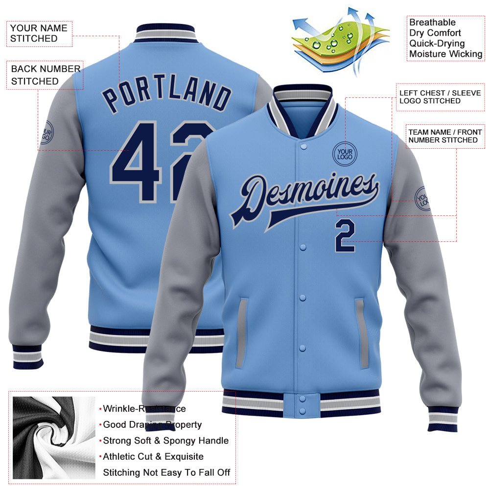 Custom Light Blue Navy-Gray Bomber Full-Snap Varsity Letterman Two Tone Jacket view 5