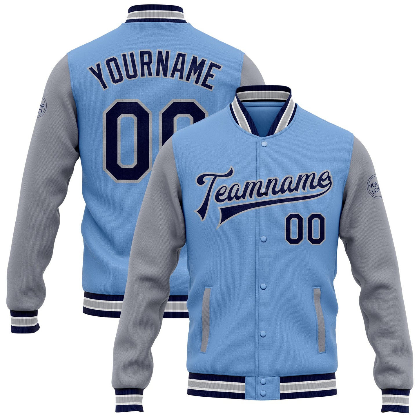 Custom Light Blue Navy-Gray Bomber Full-Snap Varsity Letterman Two Tone Jacket - Main View
