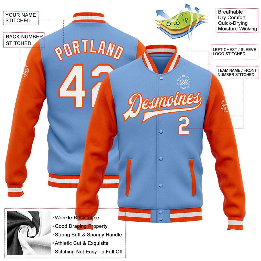 Custom Light Blue White-Orange Bomber Full-Snap Varsity Letterman Two Tone Jacket view 5