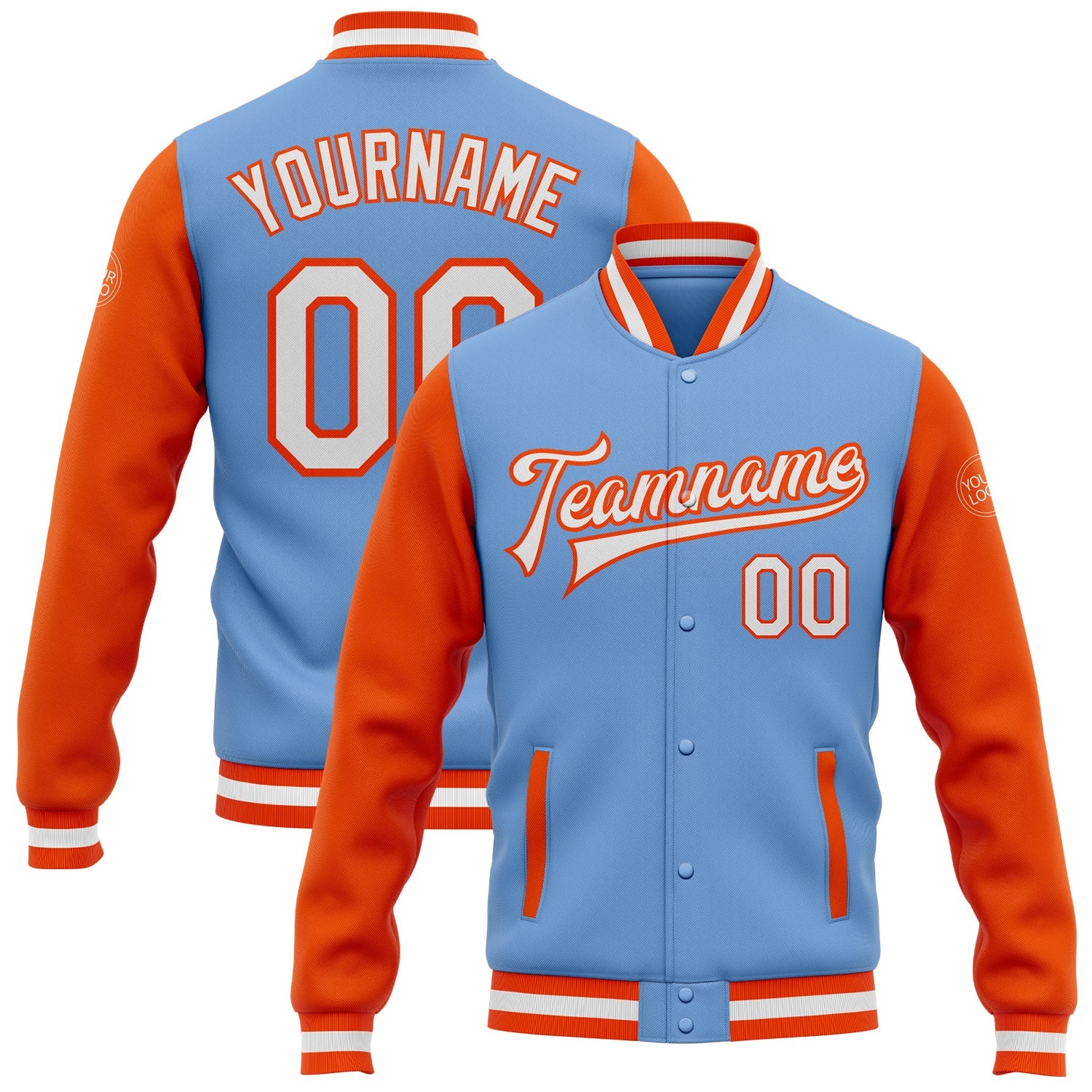 Custom Light Blue White-Orange Bomber Full-Snap Varsity Letterman Two Tone Jacket - Main View