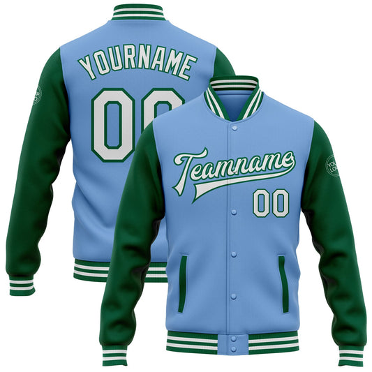 Custom Light Blue White-Kelly Green Bomber Full-Snap Varsity Letterman Two Tone Jacket - Main View
