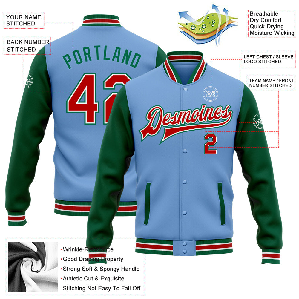 Custom Light Blue Red-Kelly Green Bomber Full-Snap Varsity Letterman Two Tone Jacket view 5