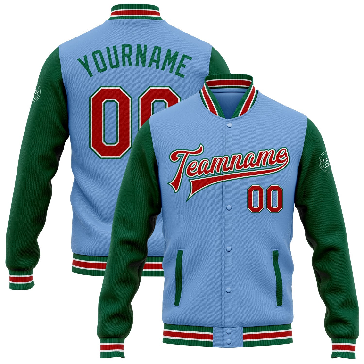 Custom Light Blue Red-Kelly Green Bomber Full-Snap Varsity Letterman Two Tone Jacket - Main View