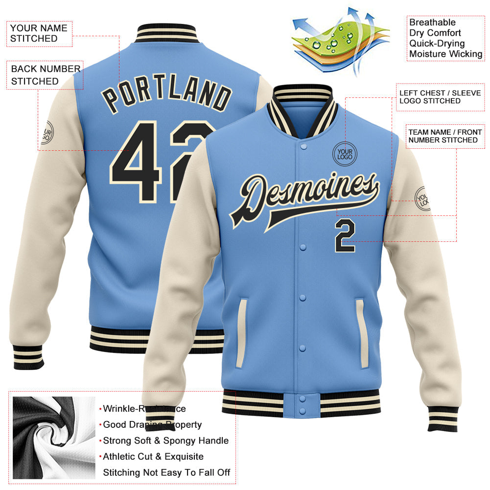 Custom Light Blue Black-Cream Bomber Full-Snap Varsity Letterman Two Tone Jacket view 5