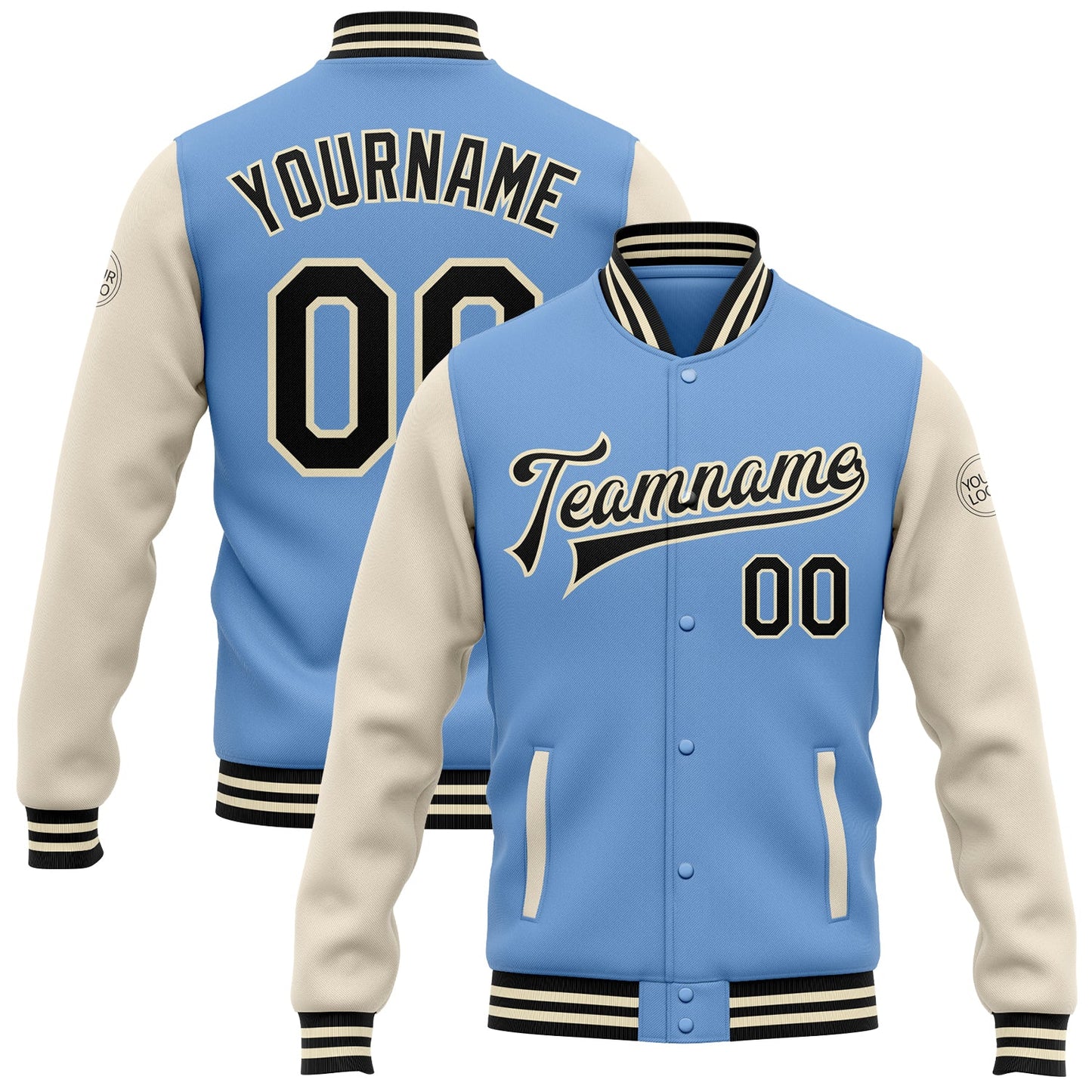 Custom Light Blue Black-Cream Bomber Full-Snap Varsity Letterman Two Tone Jacket - Main View
