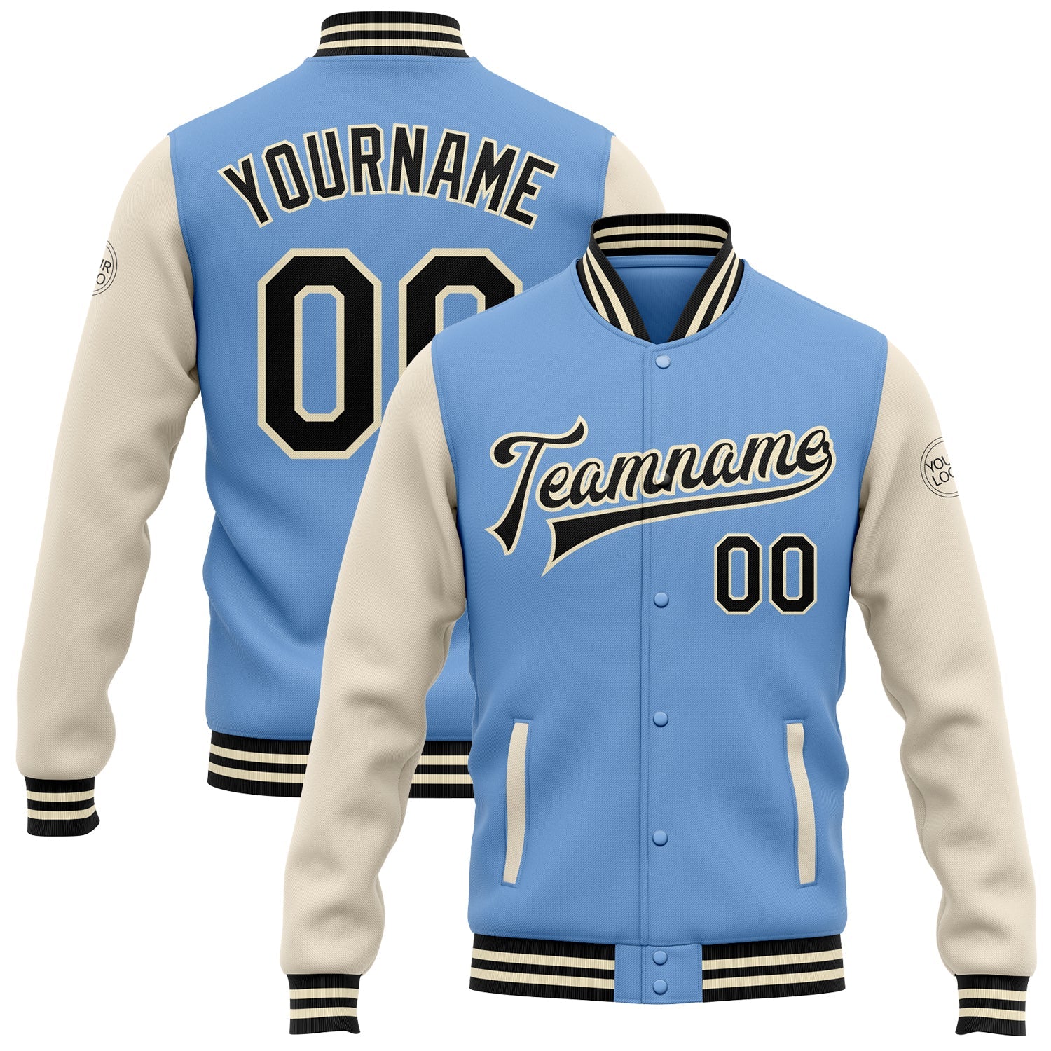 Custom Light Blue Black-Cream Bomber Full-Snap Varsity Letterman Two Tone Jacket - Main View