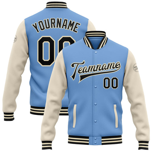 Custom Light Blue Black-Cream Bomber Full-Snap Varsity Letterman Two Tone Jacket - Main View