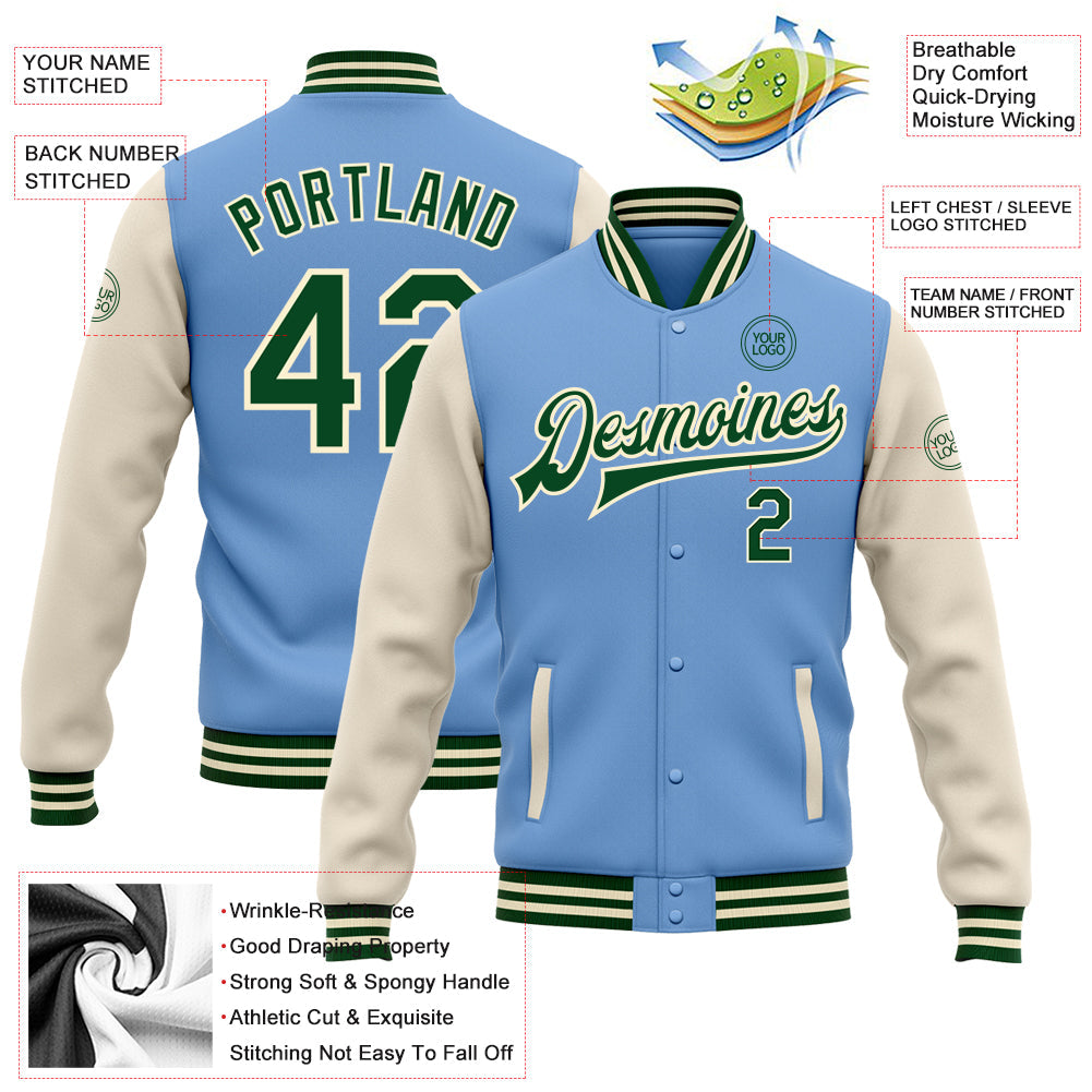 Custom Light Blue Green-Cream Bomber Full-Snap Varsity Letterman Two Tone Jacket view 5