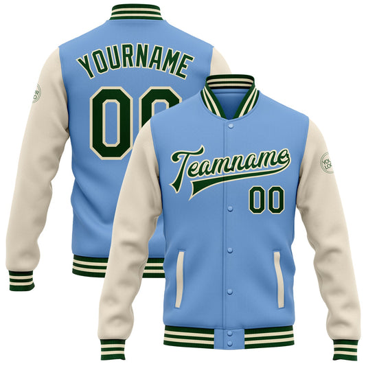 Custom Light Blue Green-Cream Bomber Full-Snap Varsity Letterman Two Tone Jacket - Main View