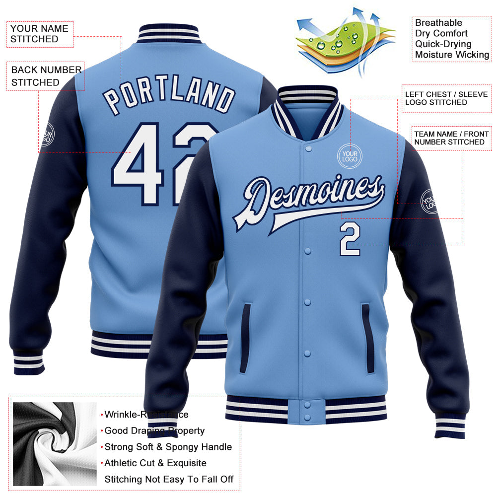 Custom Light Blue White-Navy Bomber Full-Snap Varsity Letterman Two Tone Jacket view 5