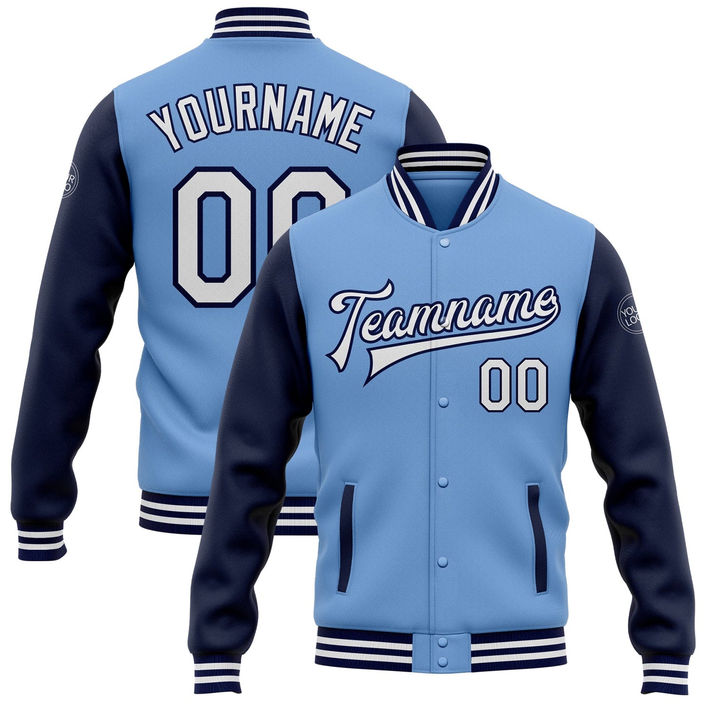 Custom Light Blue White-Navy Bomber Full-Snap Varsity Letterman Two Tone Jacket - Main View