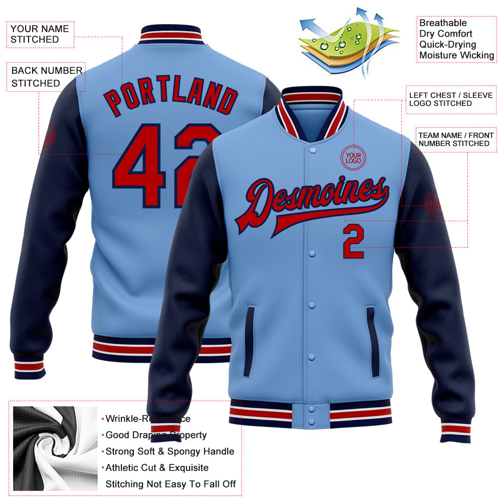 Custom Light Blue Red-Navy Bomber Full-Snap Varsity Letterman Two Tone Jacket view 5