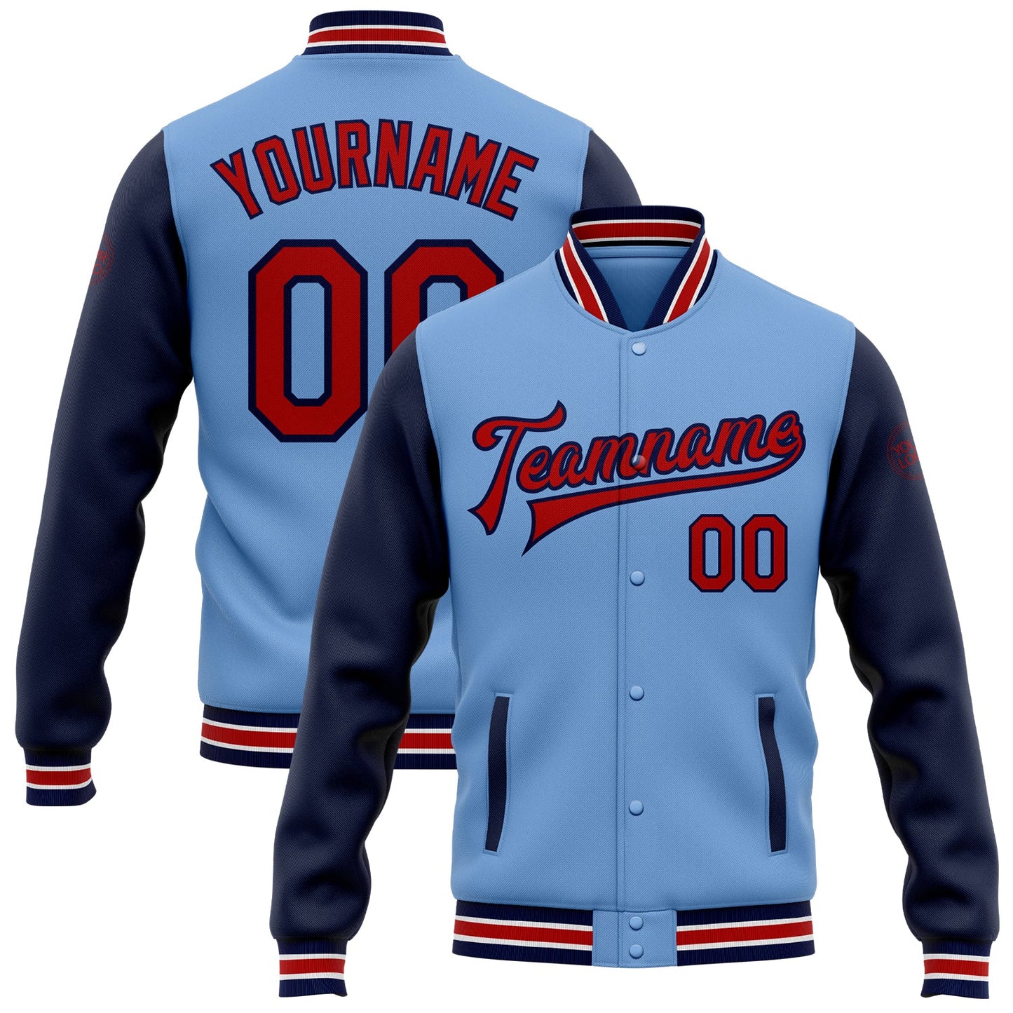 Custom Light Blue Red-Navy Bomber Full-Snap Varsity Letterman Two Tone Jacket - Main View