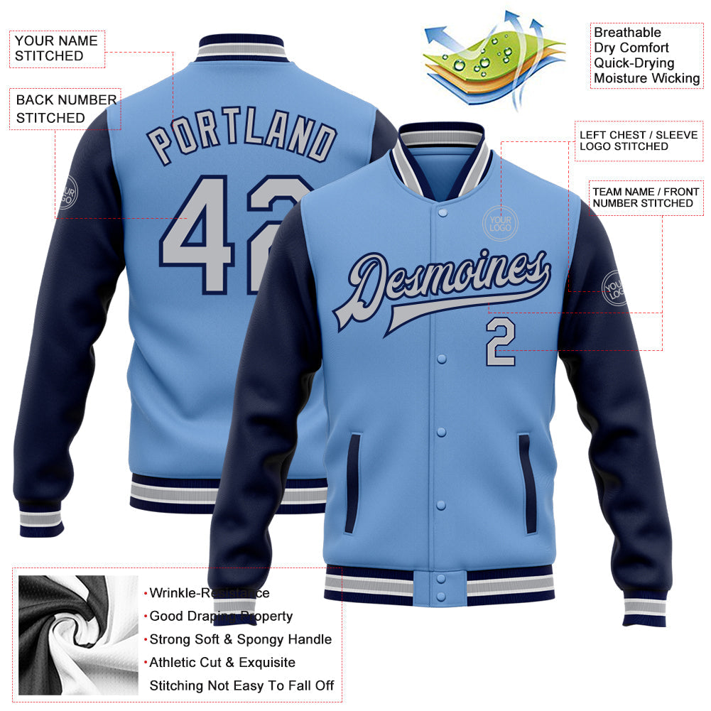 Custom Light Blue Gray-Navy Bomber Full-Snap Varsity Letterman Two Tone Jacket view 5