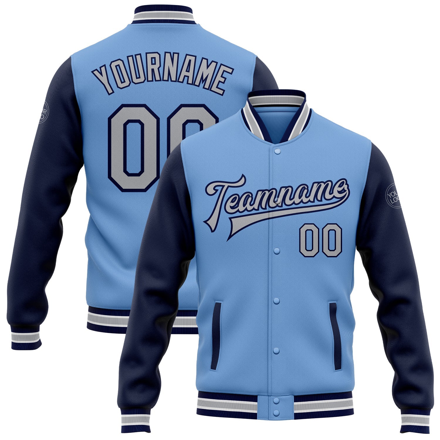 Custom Light Blue Gray-Navy Bomber Full-Snap Varsity Letterman Two Tone Jacket - Main View