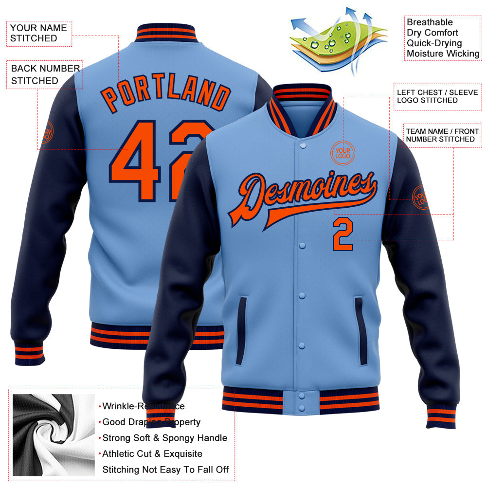 Custom Light Blue Orange-Navy Bomber Full-Snap Varsity Letterman Two Tone Jacket view 5