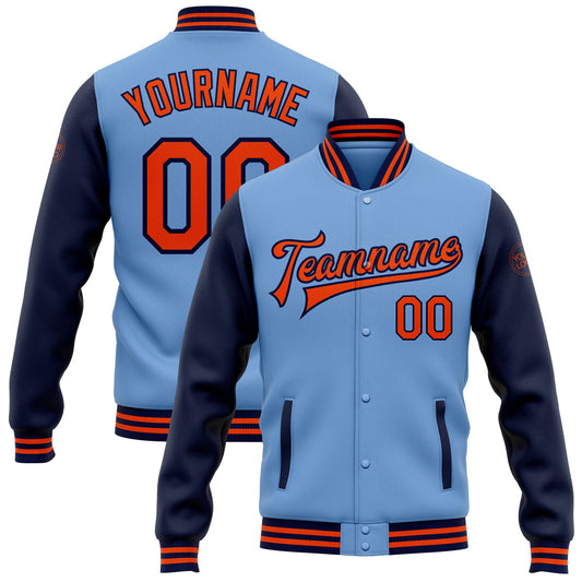 Custom Light Blue Orange-Navy Bomber Full-Snap Varsity Letterman Two Tone Jacket - Main View