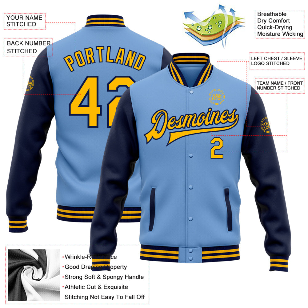 Custom Light Blue Gold-Navy Bomber Full-Snap Varsity Letterman Two Tone Jacket view 5