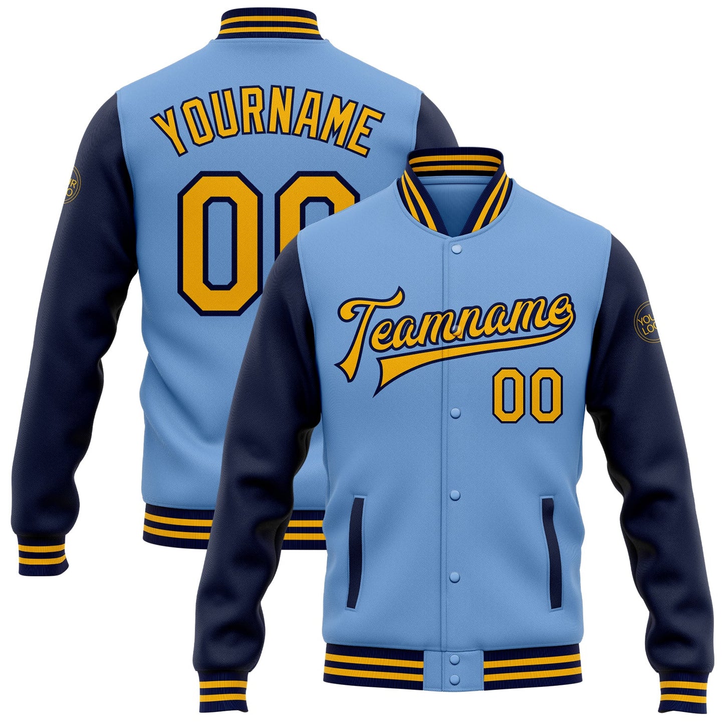 Custom Light Blue Gold-Navy Bomber Full-Snap Varsity Letterman Two Tone Jacket - Main View