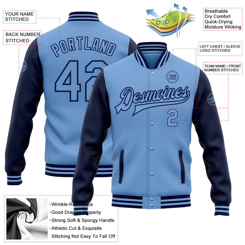 Custom Light Blue Navy Bomber Full-Snap Varsity Letterman Two Tone Jacket view 5