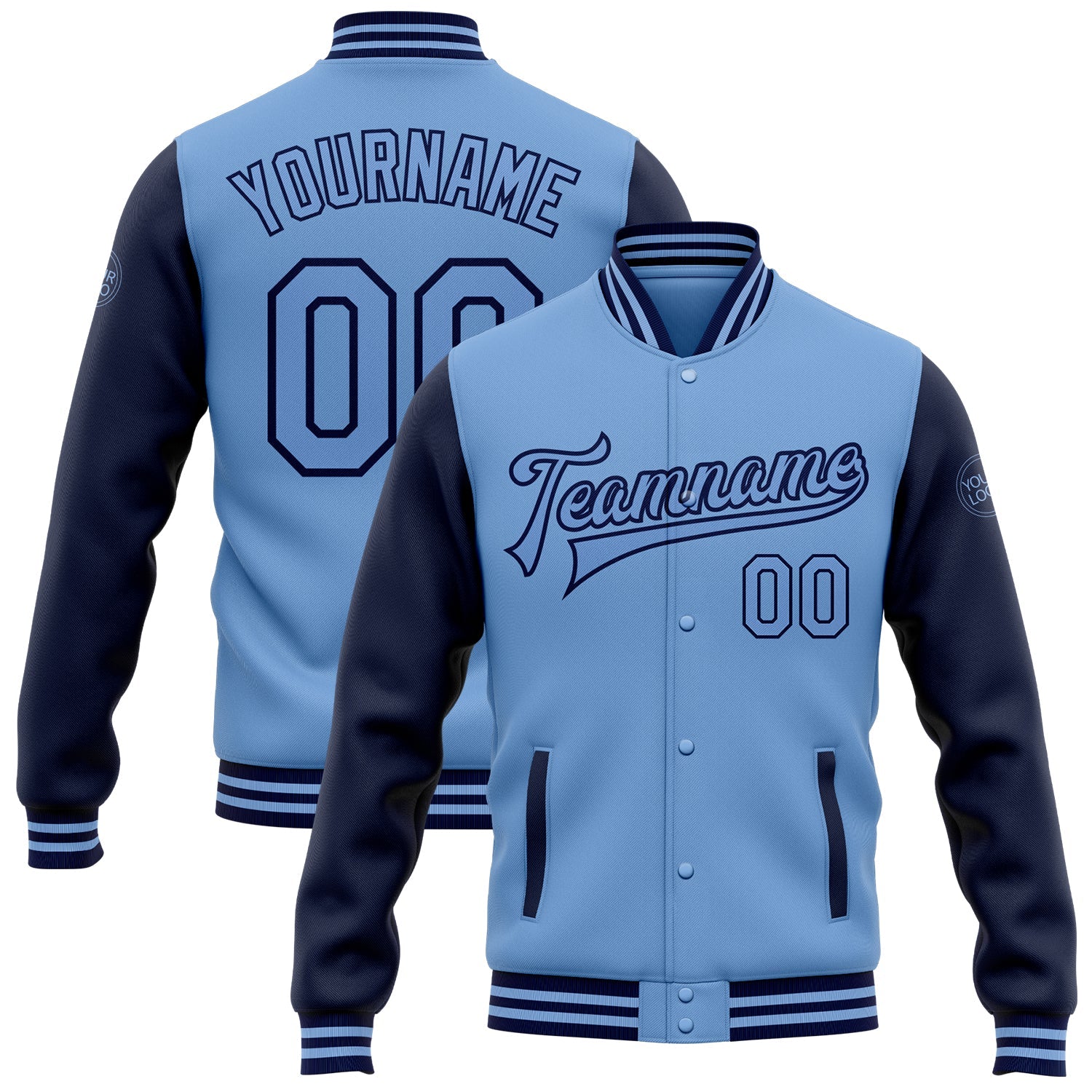 Custom Light Blue Navy Bomber Full-Snap Varsity Letterman Two Tone Jacket - Main View