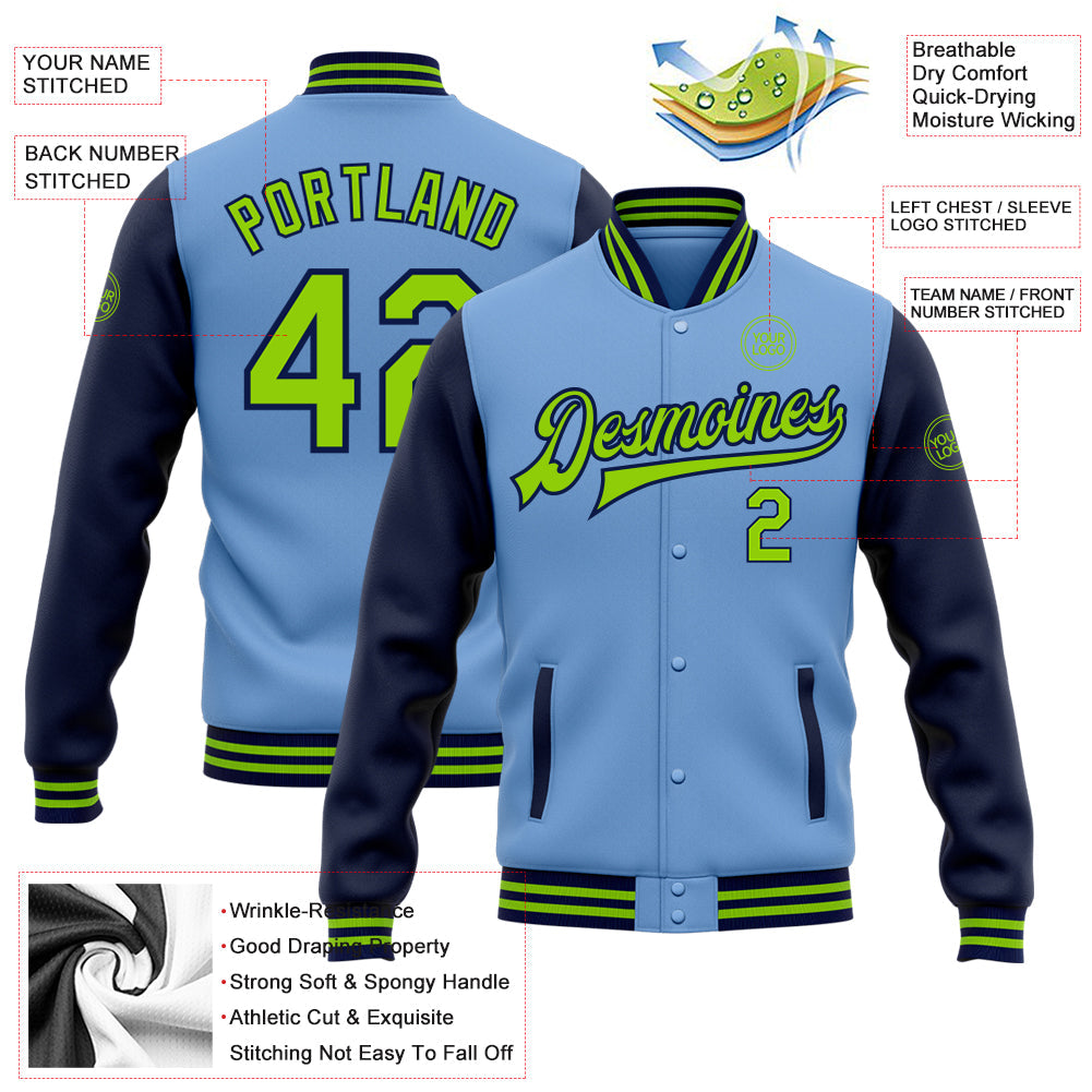 Custom Light Blue Neon Green-Navy Bomber Full-Snap Varsity Letterman Two Tone Jacket view 5