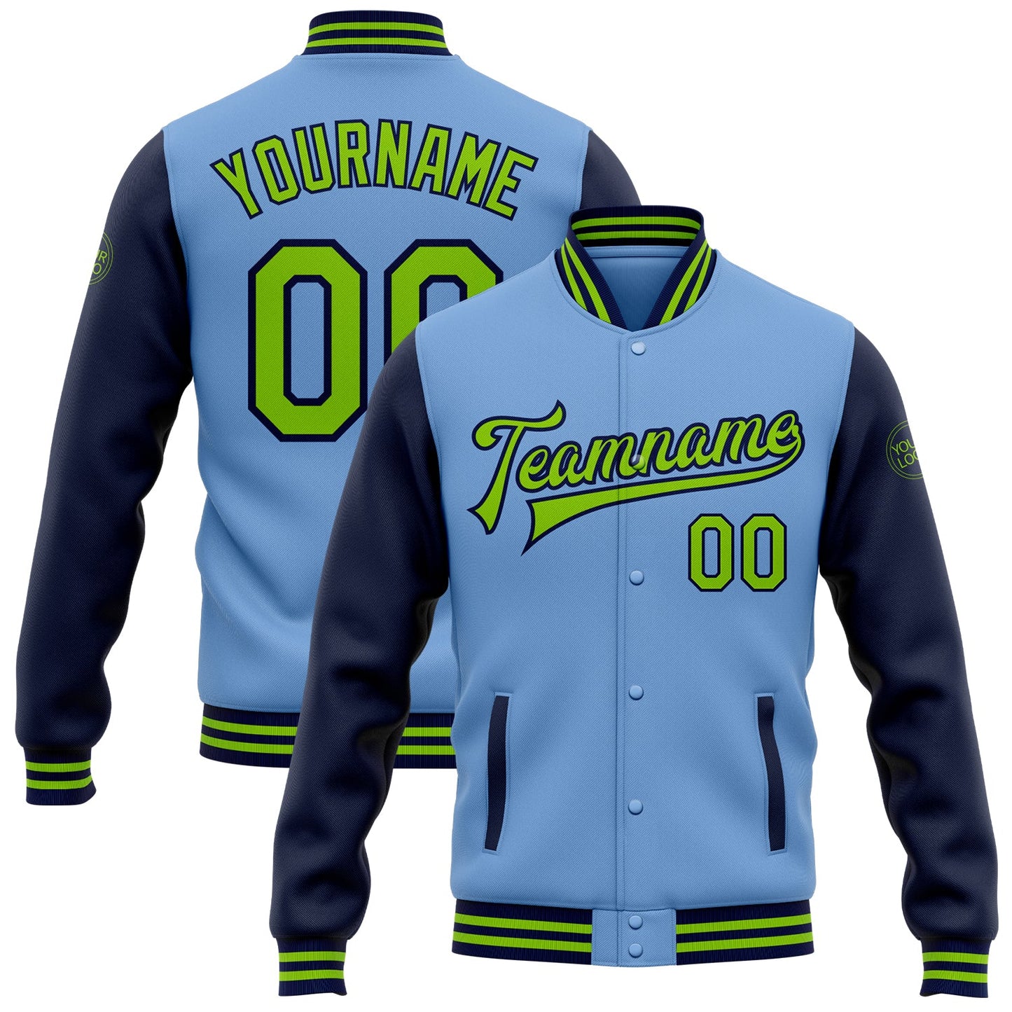 Custom Light Blue Neon Green-Navy Bomber Full-Snap Varsity Letterman Two Tone Jacket - Main View