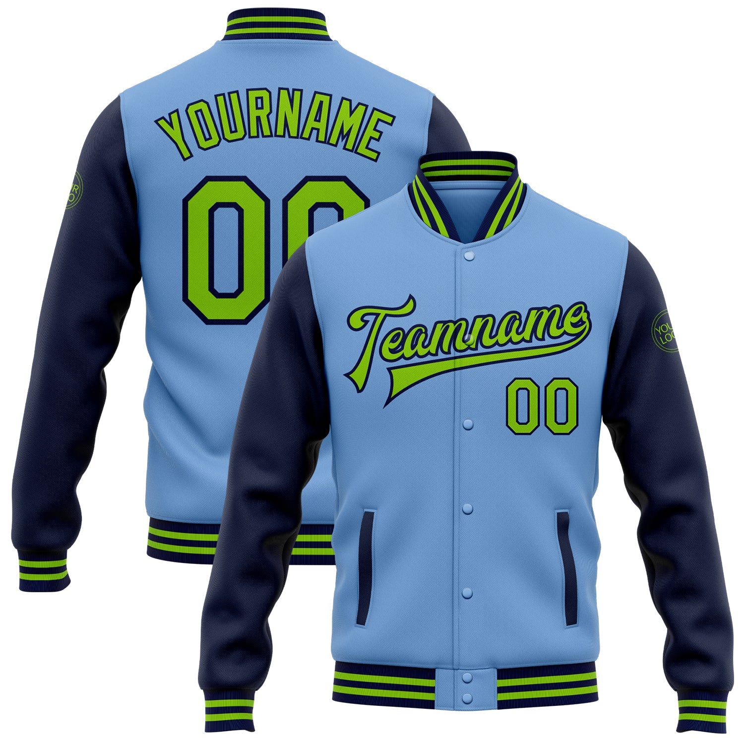 Custom Light Blue Neon Green-Navy Bomber Full-Snap Varsity Letterman Two Tone Jacket - Main View