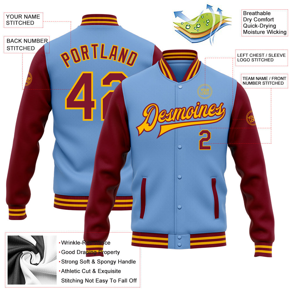 Custom Light Blue Crimson-Gold Bomber Full-Snap Varsity Letterman Two Tone Jacket view 5
