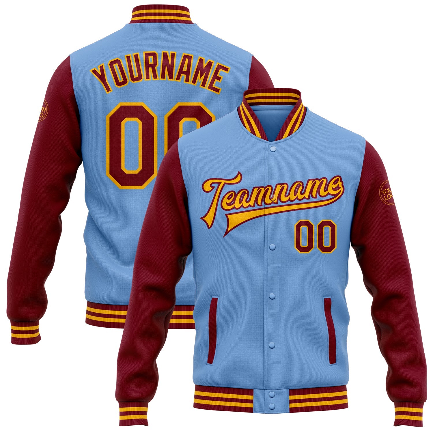 Custom Light Blue Crimson-Gold Bomber Full-Snap Varsity Letterman Two Tone Jacket - Main View