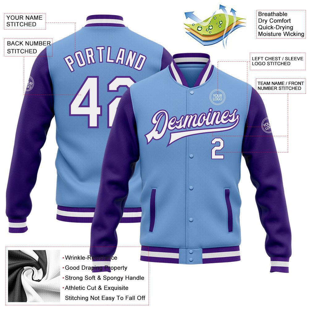 Custom Light Blue White-Purple Bomber Full-Snap Varsity Letterman Two Tone Jacket view 5