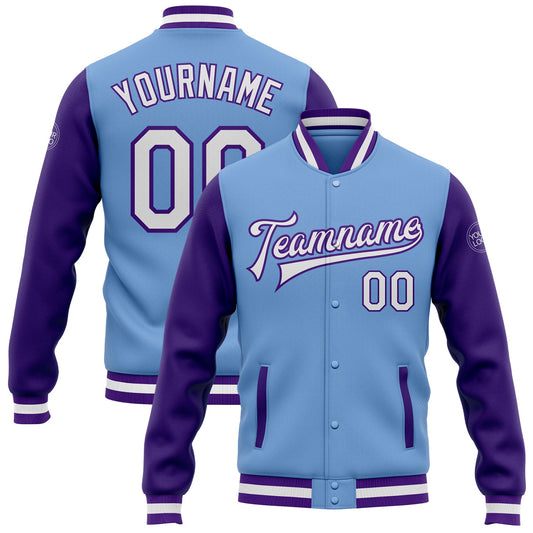 Custom Light Blue White-Purple Bomber Full-Snap Varsity Letterman Two Tone Jacket - Main View