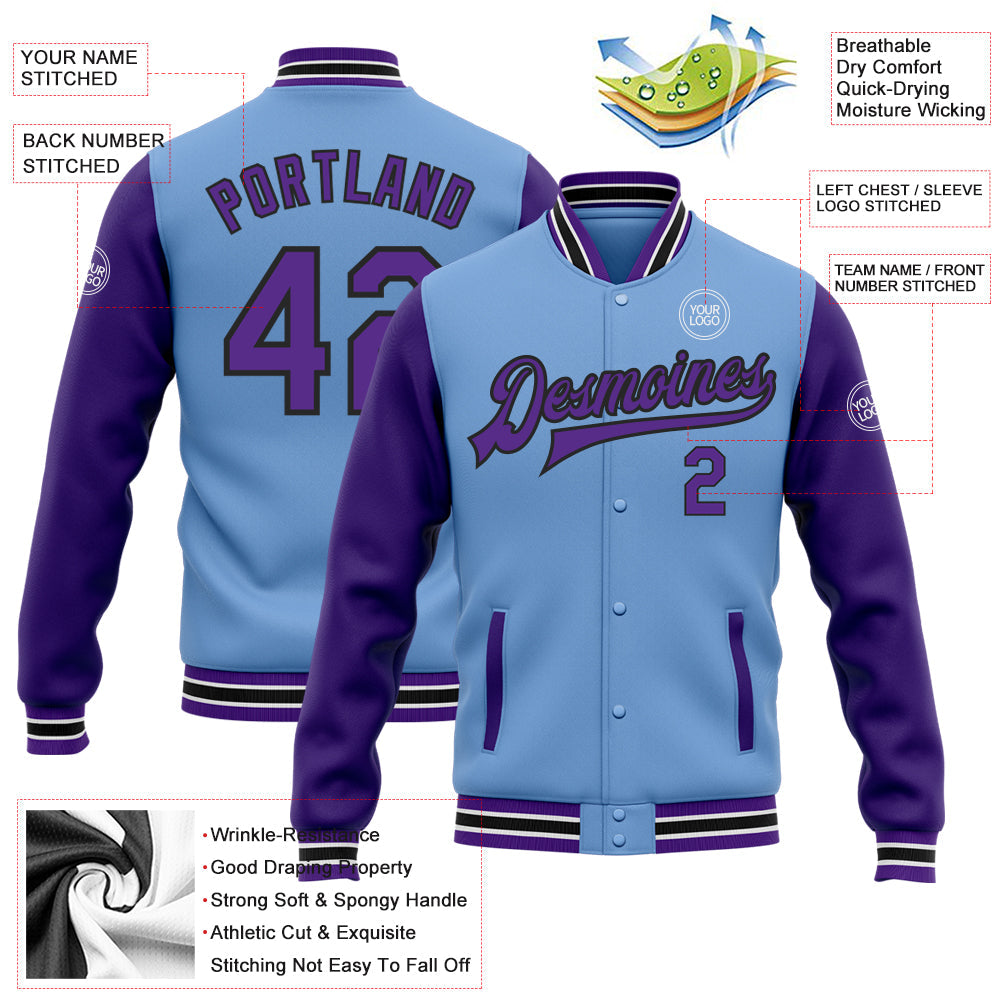 Custom Light Blue Purple-Black Bomber Full-Snap Varsity Letterman Two Tone Jacket view 5