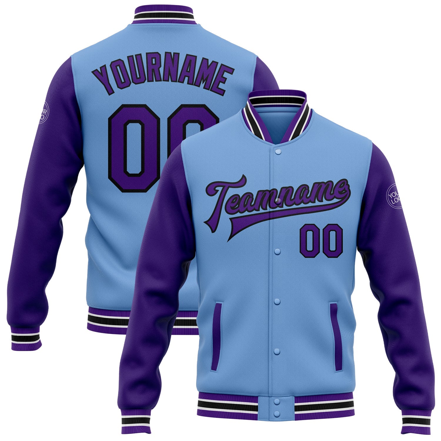 Custom Light Blue Purple-Black Bomber Full-Snap Varsity Letterman Two Tone Jacket - Main View